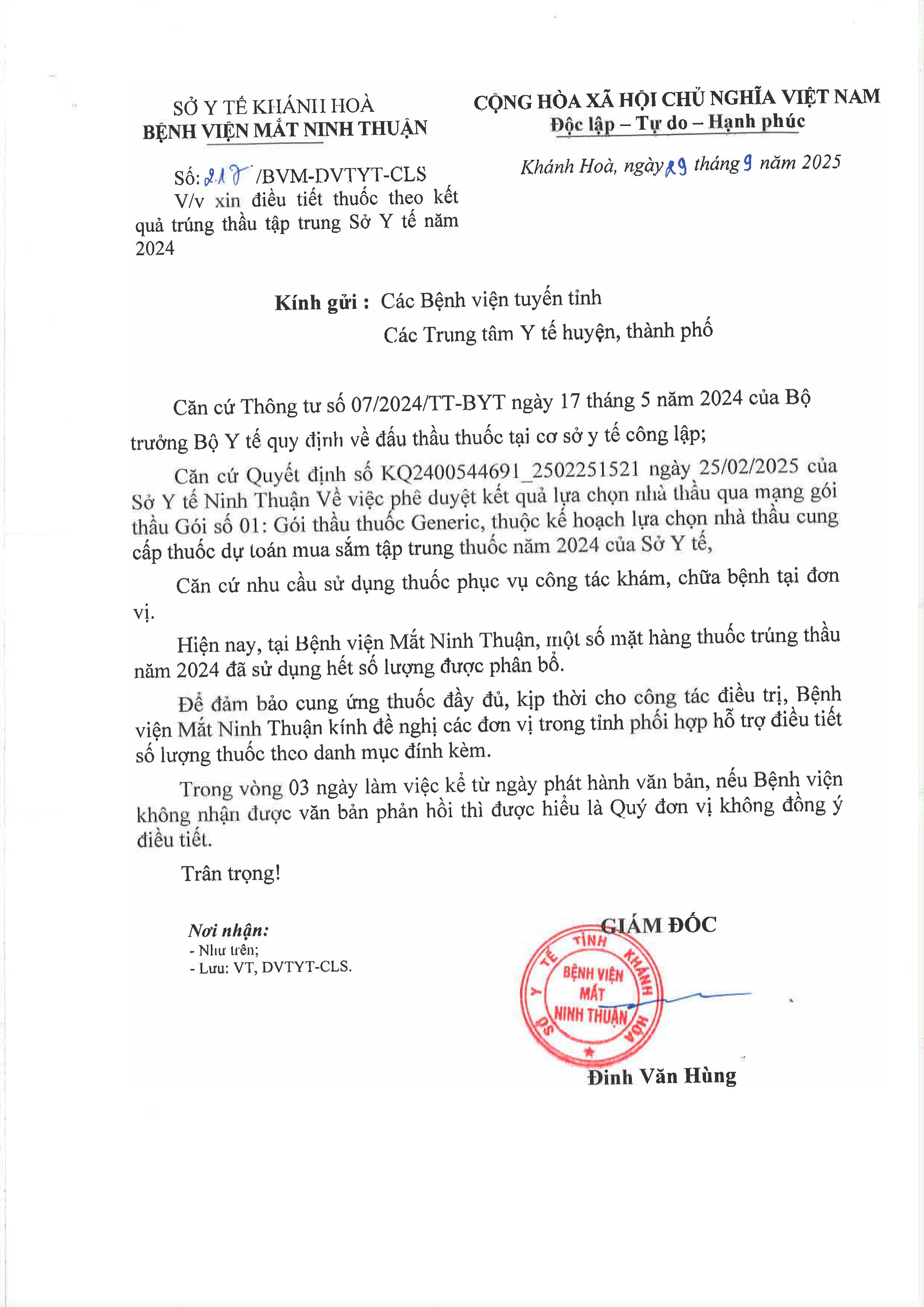 V/v xin điều tiết thuốc theo kết quả trúng thầu tập trung Sở Y tế năm 2024